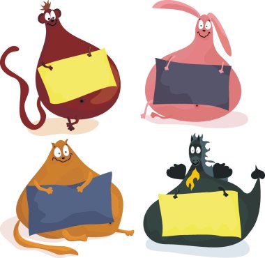 Cute cartoon plumpy animals holding blank banners, so you can input your text on clipart