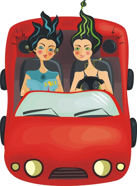 Pretty girls on car — Stock Vector