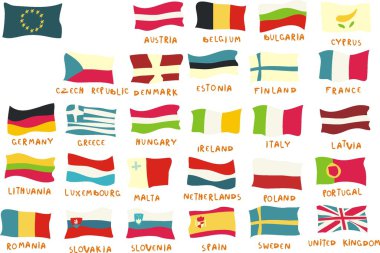 Avrupa Birliği üyelerin bayrakları çocuksu bir şekilde çizilmiş