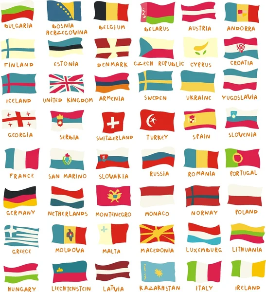 Çocuksu bir şekilde çizilmiş 48 Avrupa ülkelerinin bayrakları — Stok Vektör