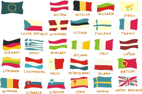 Drapeaux des membres de l'Union européenne dessinés d'une manière enfantine — Image vectorielle
