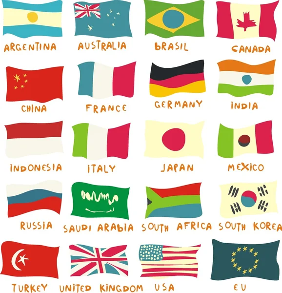 Banderas del G20 dibujadas de manera infantil — Vector de stock
