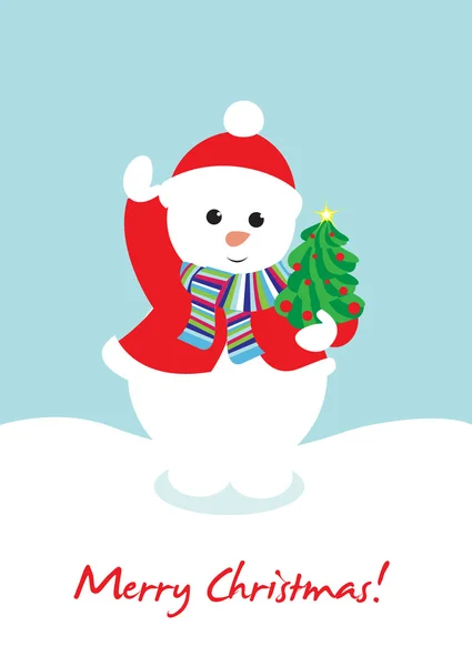 Cute snow man holding christmas tree card — Stock Vector