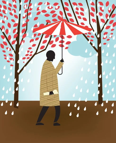 Hombre caminando en otoño lluvioso día — Vector de stock
