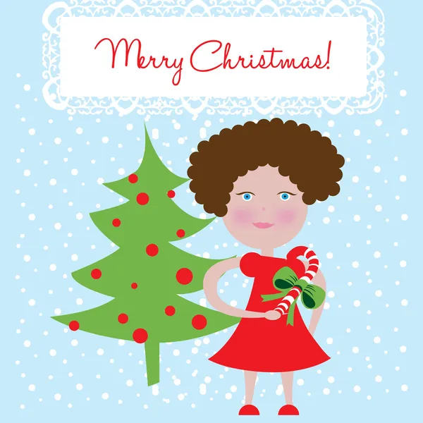 Küçük kız ve Noel ağacı kartı — Stok Vektör