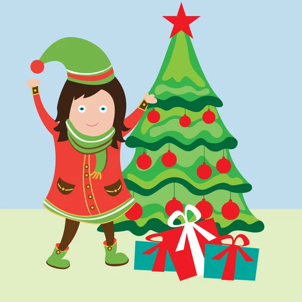 Šťastná dívka u vánočního stromu — Stockový vektor