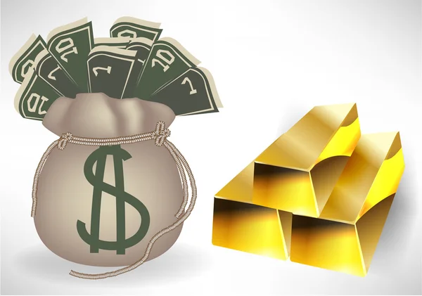 Pytlík s penězi se zlatými pruhy — Stockový vektor