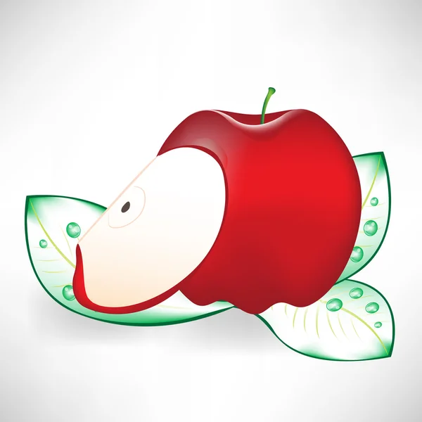 Manzana roja y rebanada en hojas — Vector de stock