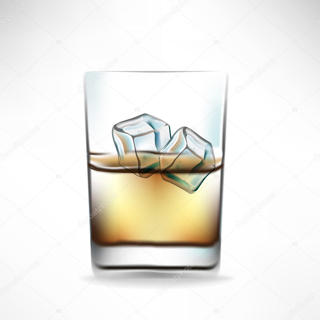 whisky glass with beverage and two cocktails
