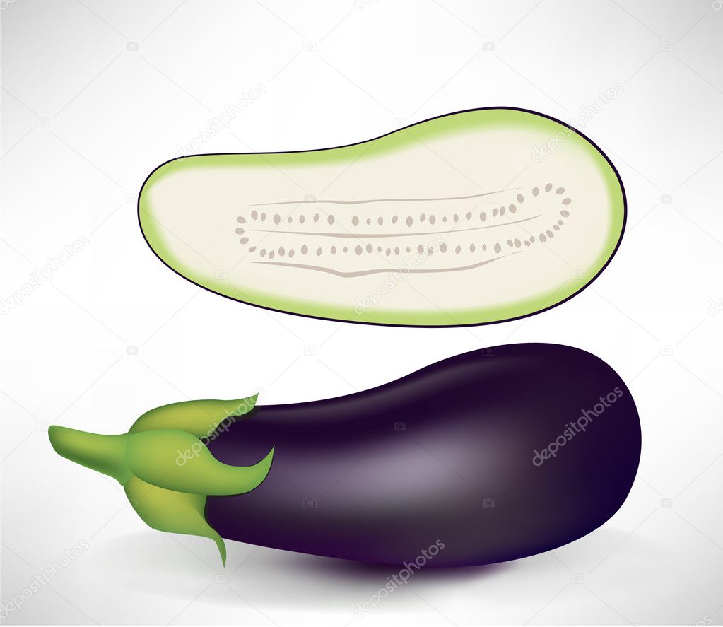 realistic aubergines, half and whole