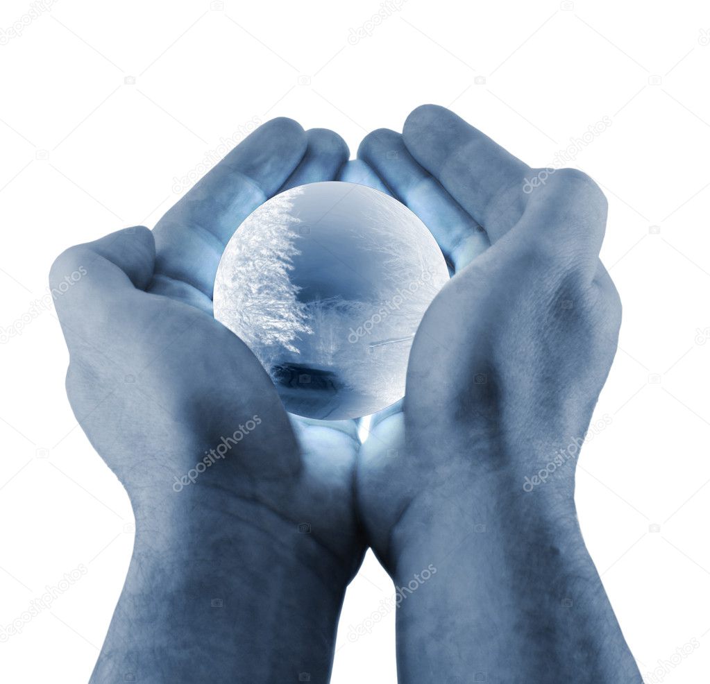 Blue hands winter globe