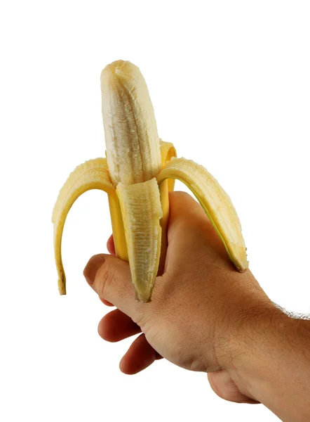 Ręka trzyma obranych bananów — Zdjęcie stockowe