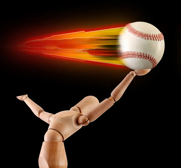 Speeding baseball flame catch manikin — Stock Photo, Image