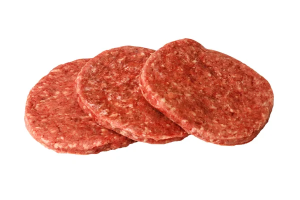 Arka plan beyaz üç ham hamburger köftesi — Stok fotoğraf
