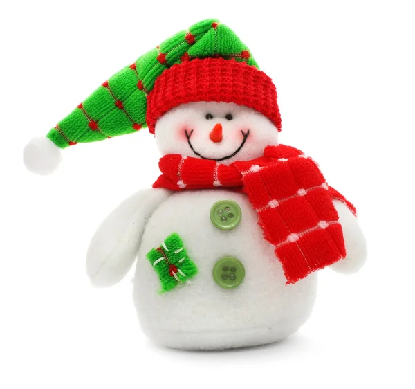 Sorrindo boneco de neve brinquedo vestido com cachecol e boné — Fotografia de Stock