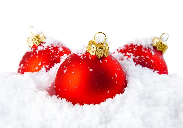 Christmas holiday decoration with white snow and red bowls — Foto de Stock