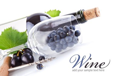 Wine bottle with glass and grapes clipart