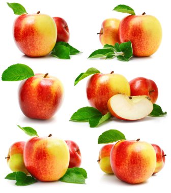 Set red apple fruits with cut and green leaves clipart