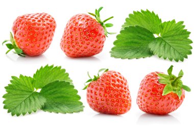 Set fresh red strawberry with green leaves clipart