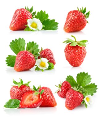 Set strawberry berry with green leaf and flower clipart