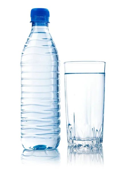 Water in plastic bottle with glass — Stock Photo, Image