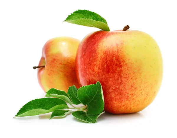 Červené jablko ovoce se zelenými listy — Stock fotografie