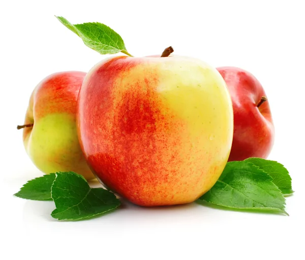 Owoce czerwone jabłko z zielonych liści — Zdjęcie stockowe