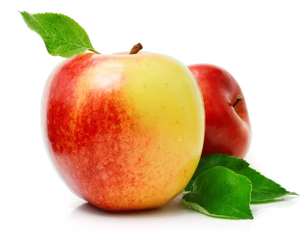 Kırmızı elma meyve yeşil yaprakları ile — Stok fotoğraf
