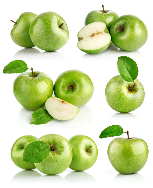 Conjunto de frutos de maçã verde com folha — Fotografia de Stock