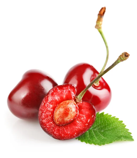 Fresh cherry berries with green leaf — Stock Photo, Image