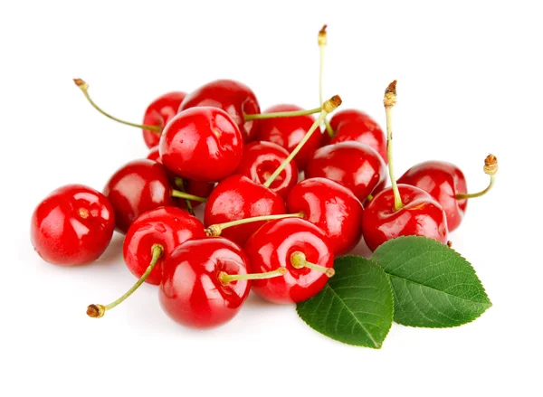 Fresh cherry fruits with green leaves — Stock Photo, Image