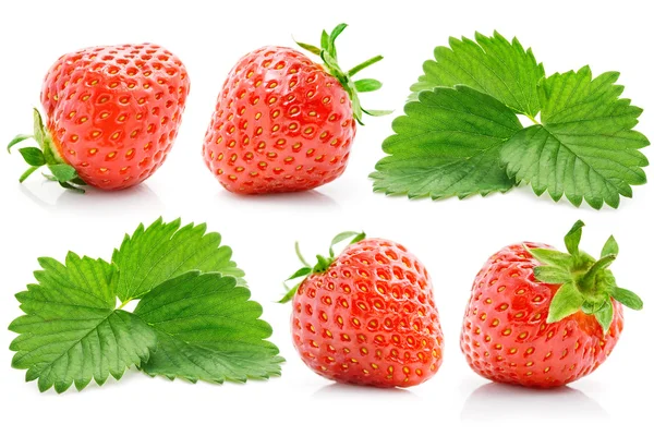 Set fresh red strawberry with green leaves — Stock Photo, Image
