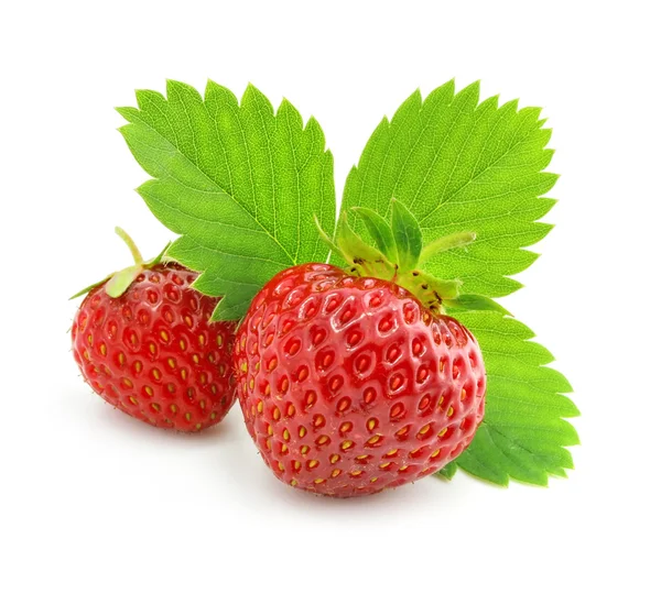 Rode strawberry vruchten met groene bladeren geïsoleerde — Stockfoto