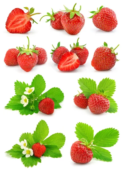 Набор красных ягод клубники с зелеными листьями — стоковое фото