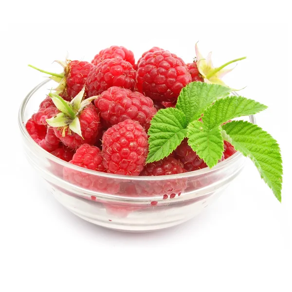 Rojos frambuesas frutas en florero de cristal — Foto de Stock