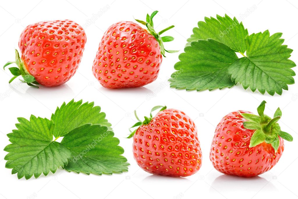 Set fresh red strawberry with green leaves
