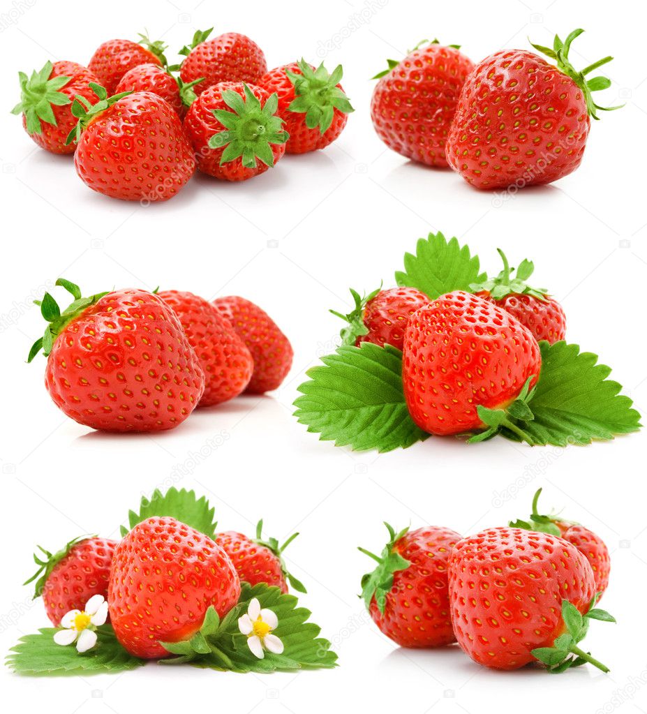 Set of red strawberry fruits with green leaves