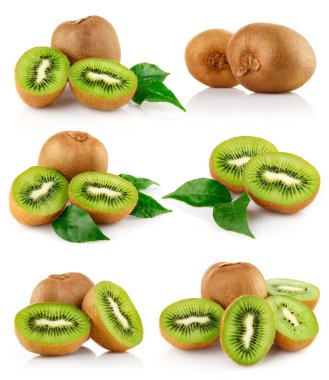 Set fresh kiwi fruits with green leaves clipart