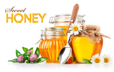 Sweet honey in glass jars with spoon and flowers clipart