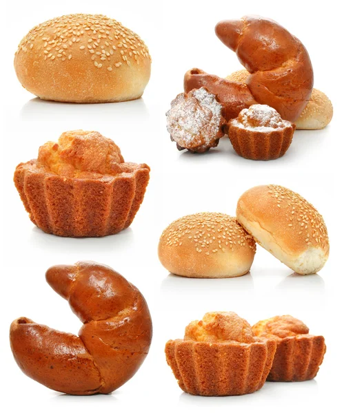 Collection of sweet fancy cakes and croissant isolated — 图库照片