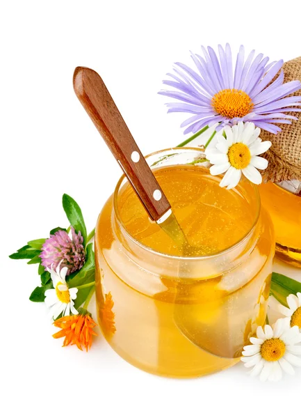 Sweet honey in glass jars with spoon and flowers — Stock Photo, Image