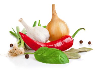 Still life of garlic onion pepper and spice clipart