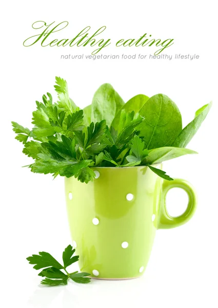 Green parsley and spinach in cup — Stock Photo, Image