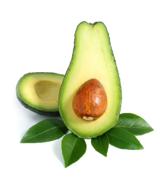 Avocado fruit snijden met blad geïsoleerd op wit — Stockfoto