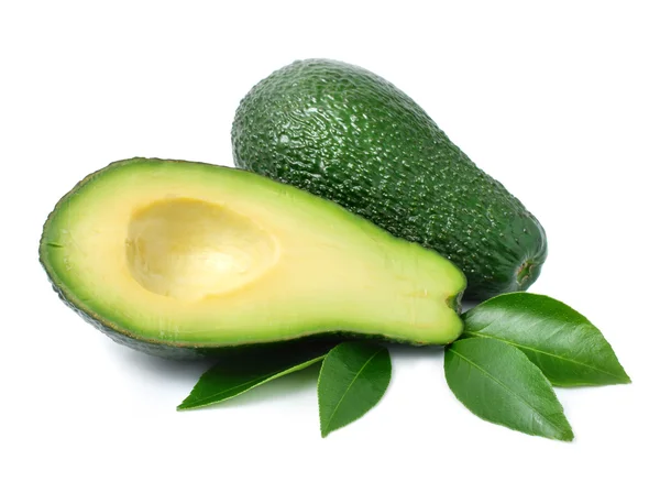 Fresh green avocado fruits with leaf isolated on white — Stock Photo, Image