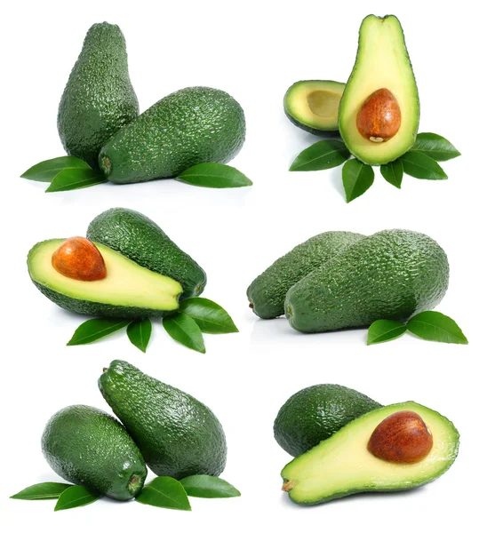 Set van groene avocado vruchten met blad geïsoleerd op wit — Stockfoto