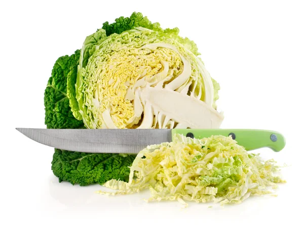 Fresh green cabbage with cut and knife — Stock Photo, Image