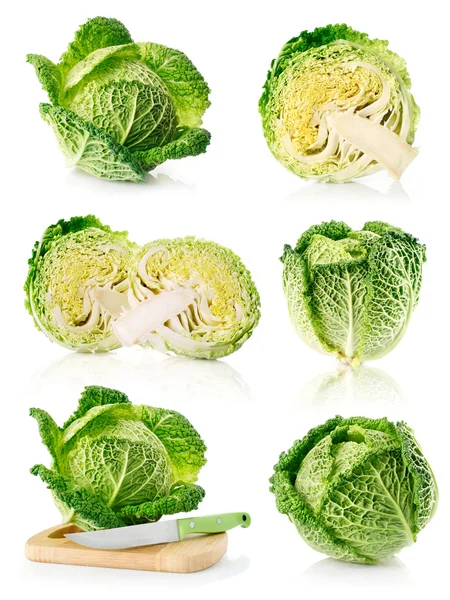Set fresh green cabbage fruits isolated on white — Stock Photo, Image