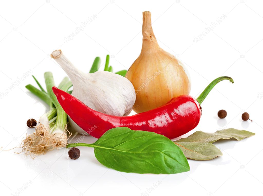 Still life of garlic onion pepper and spice