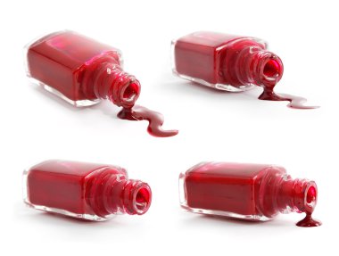 Set of red nail polish pouring from overturned bottle clipart